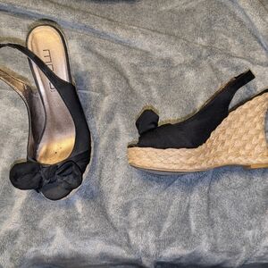 Moda Black and Tan Wedge Sandals with Bow Detail